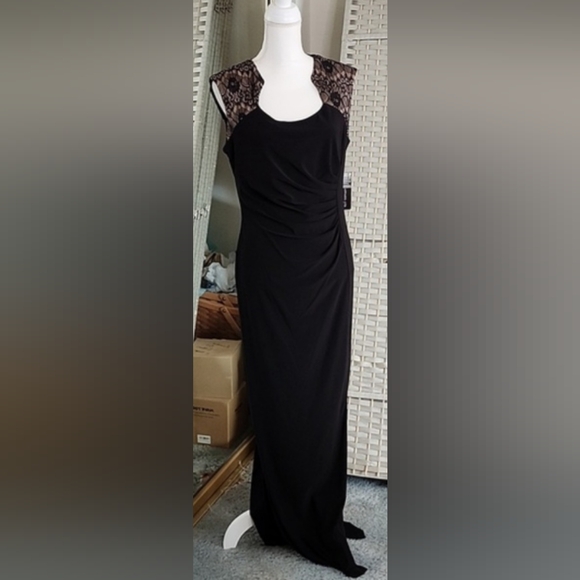 👉*NWT* SEXY LONG BLACK DRESS W/ BLACK LACE & SIDE SLIT ~SIZE: 12 ~40s RETRO - Picture 4 of 14